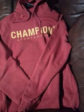 Champion Men's Burgundy Hoodie with Yellow Logo